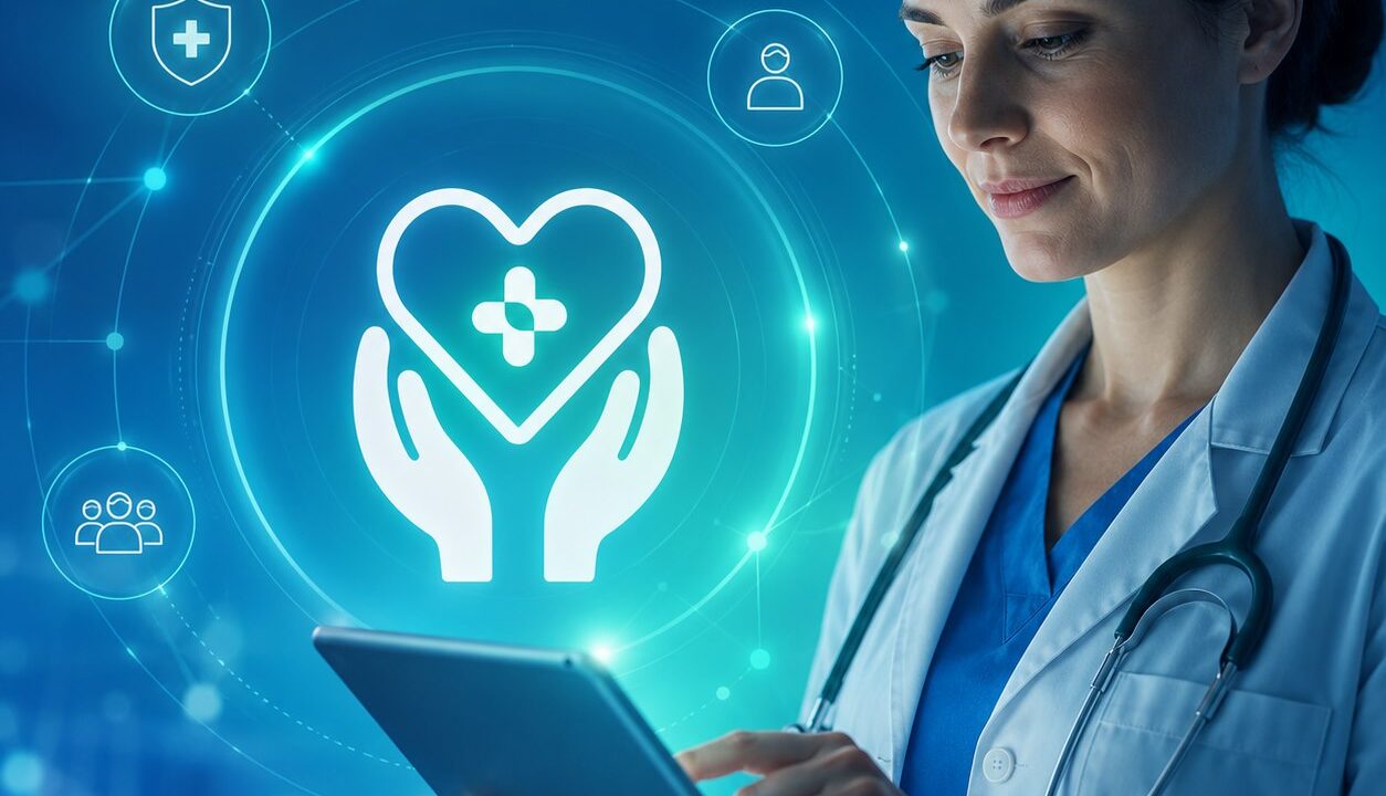 Profissional de saúde usando tablet com o símbolo da Life Center Shop em destaque