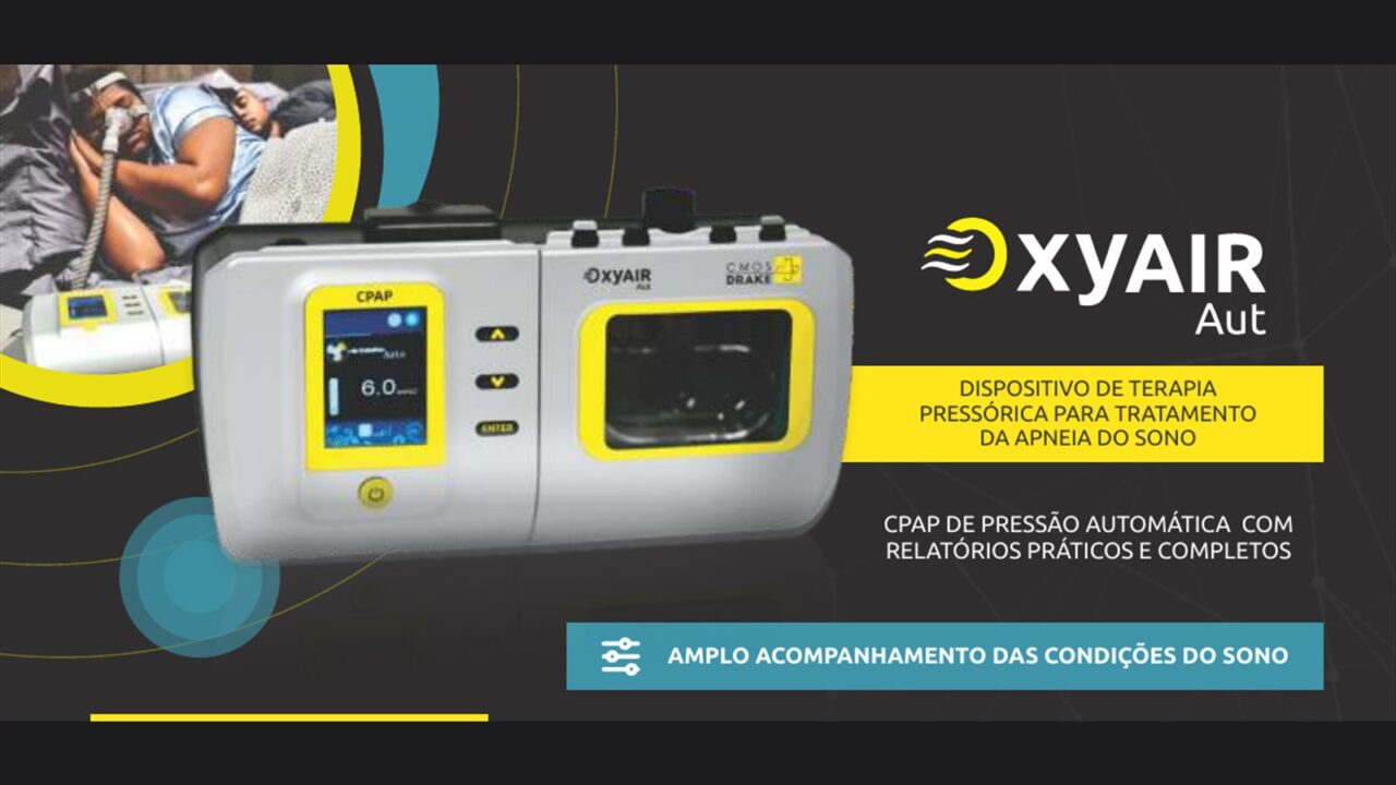 CPAP automático OxyAir Aut CMOS Drake com umidificador integrado e display colorido indicando pressão terapêutica