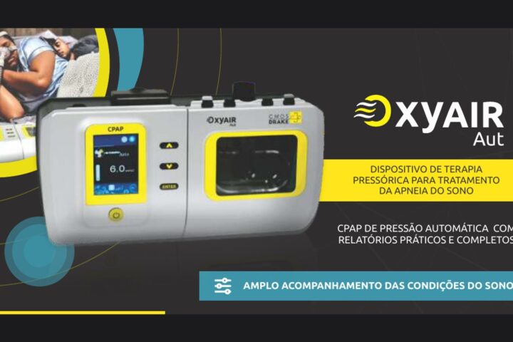 CPAP automático OxyAir Aut CMOS Drake com umidificador integrado e display colorido indicando pressão terapêutica