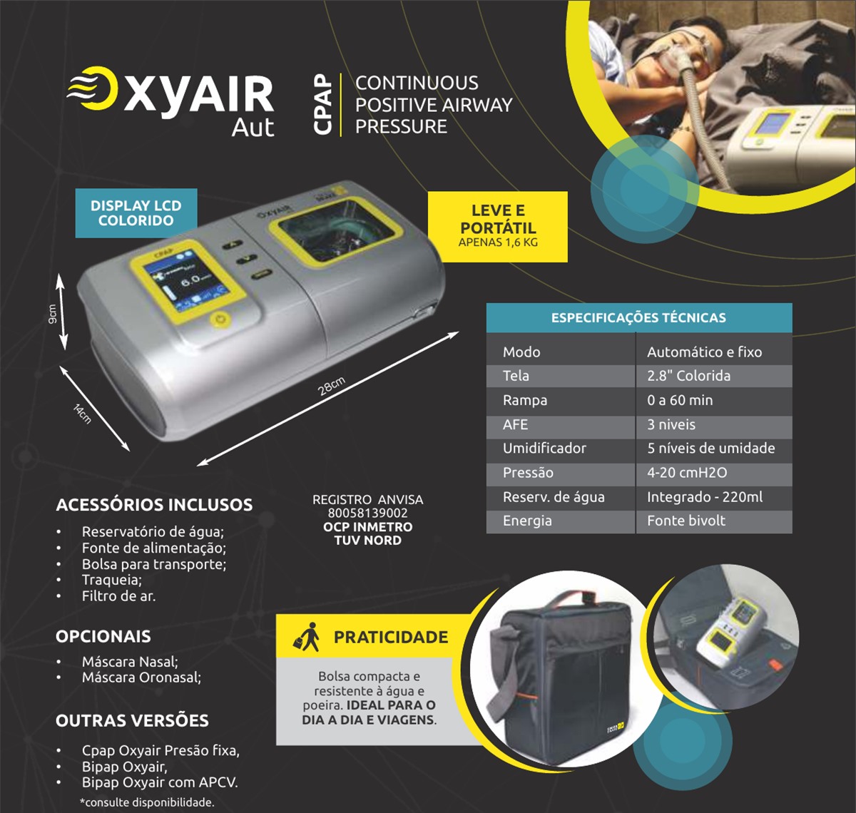 Ficha do CPAP OxyAir Aut CMOS Drake com dimensões, acessórios inclusos, opcionais e tabela de especificações técnicas