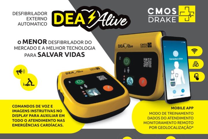 DEA Alive CMOS Drake, desfibrilador externo automático com display de comandos e aplicativo de acompanhamento