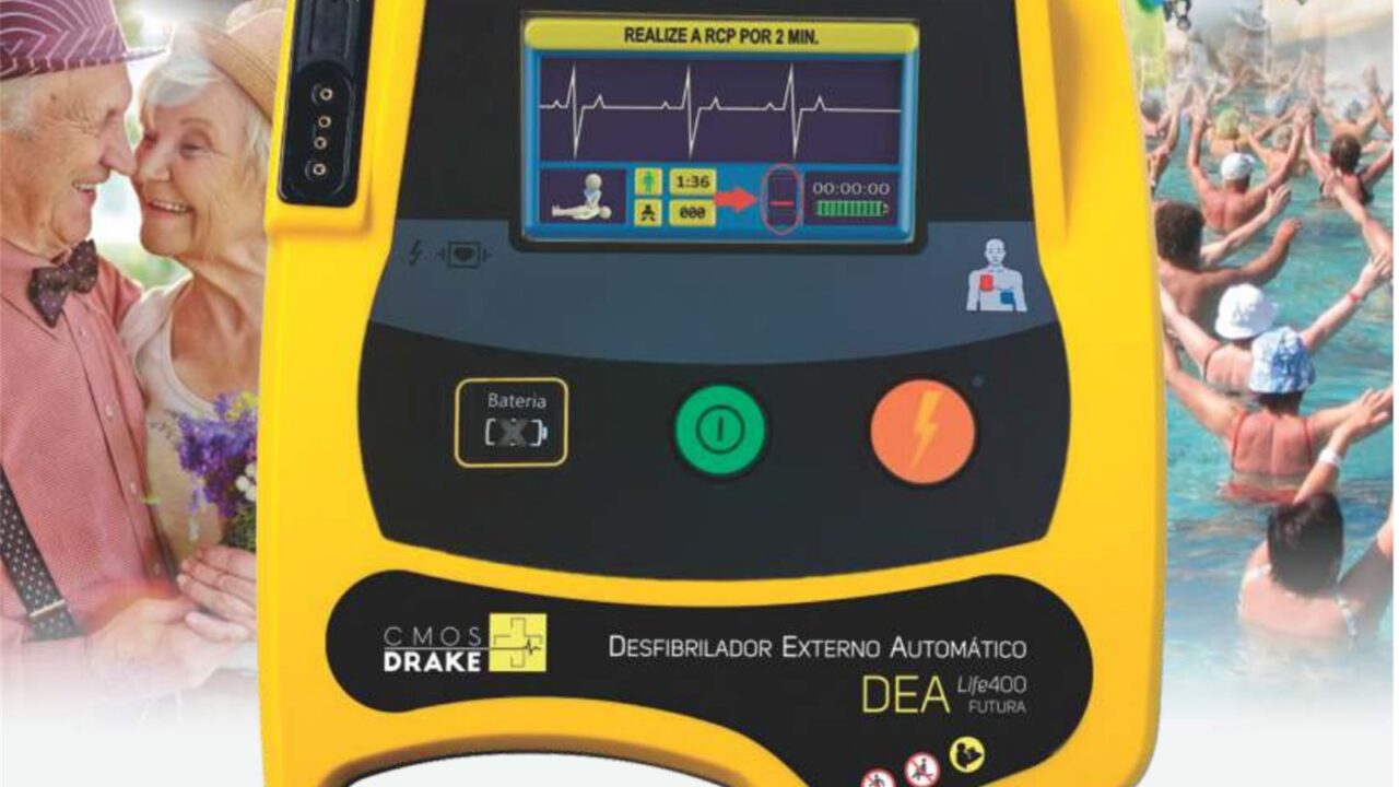 Desfibrilador externo automático DEA Life 400 Futura CMOS Drake com tela de orientação de RCP e botões de liga e choque