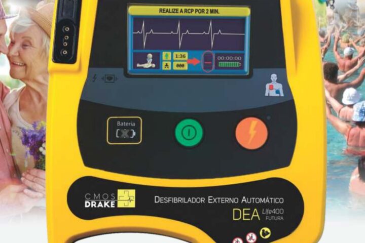 Desfibrilador externo automático DEA Life 400 Futura CMOS Drake com tela de orientação de RCP e botões de liga e choque