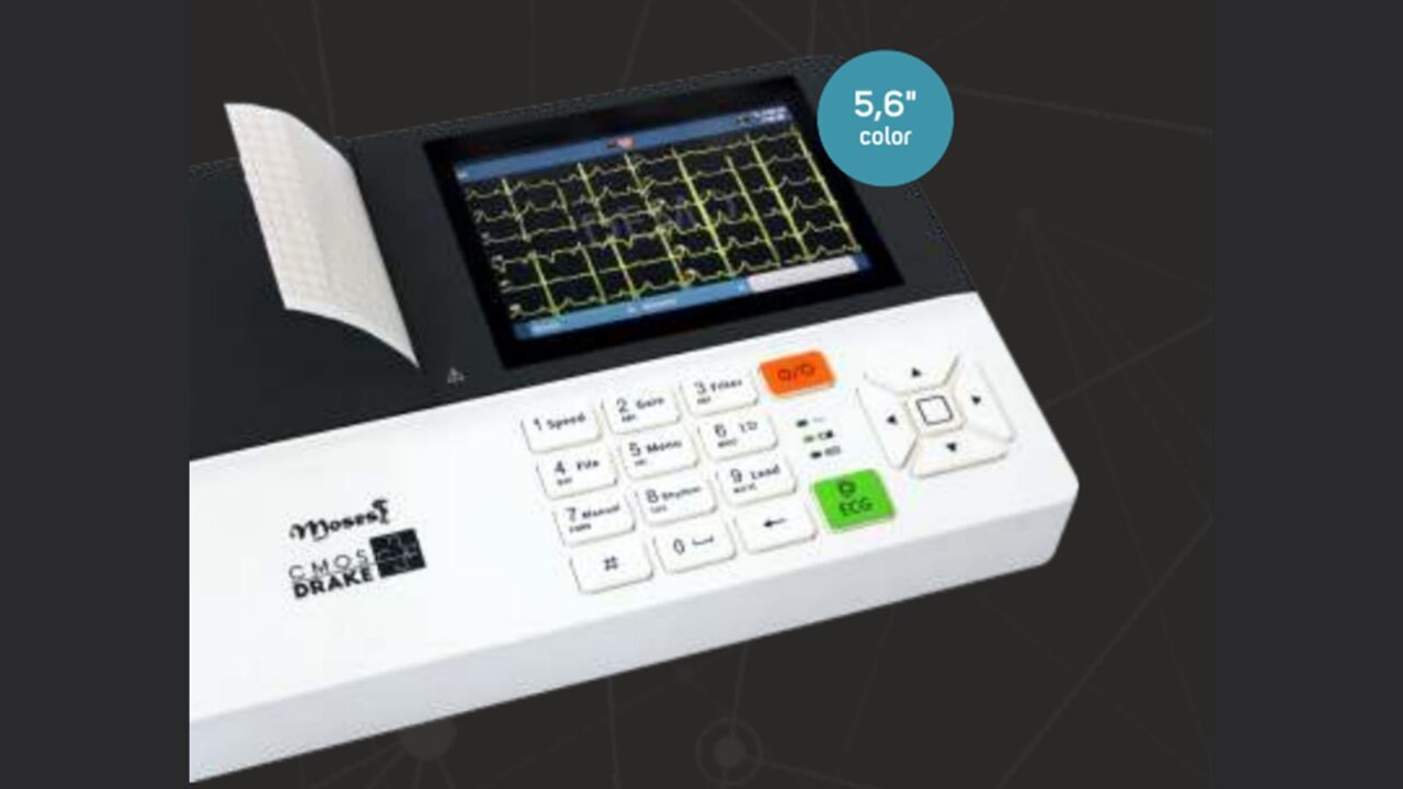 Eletrocardiógrafo Moses CMOS Drake com tela colorida de 5,6 polegadas, teclado numérico e impressora térmica integrada