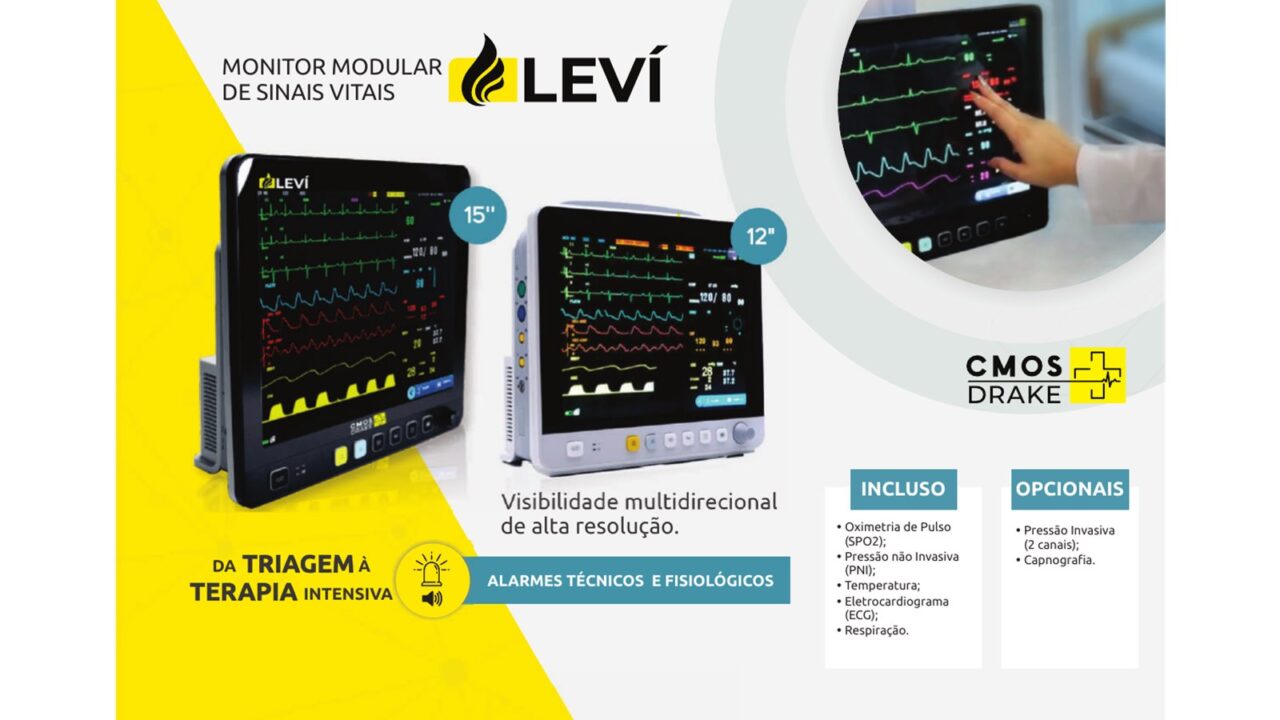 Monitores multiparamétricos Levi de 12 e 15 polegadas CMOS Drake com curvas de ECG e lista de parâmetros inclusos e opcionais
