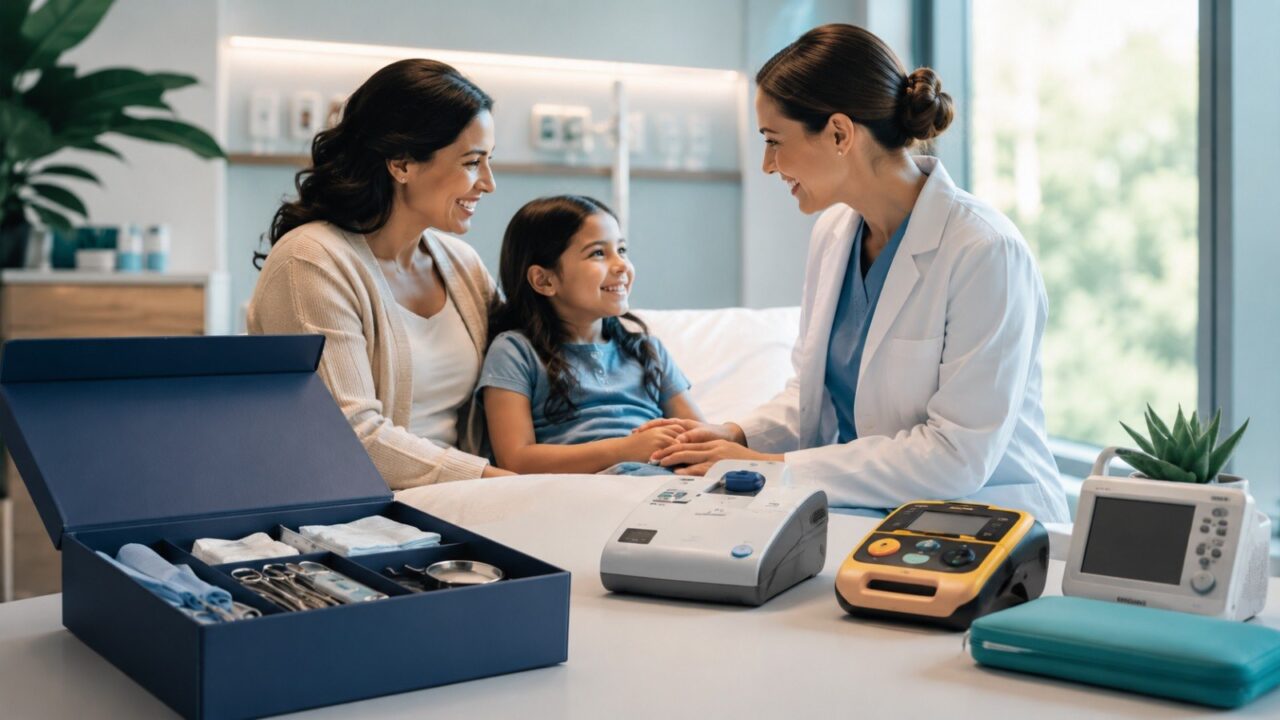 Médica conversando com mãe e filha em um quarto de atendimento, ao lado da Life Center Box aberta com instrumentais e de equipamentos médicos sobre a mesa