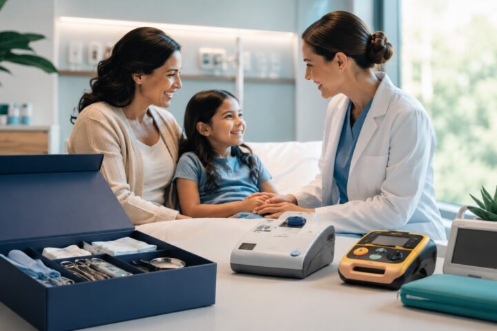 Médica conversando com mãe e filha em um quarto de atendimento, ao lado da Life Center Box aberta com instrumentais e de equipamentos médicos sobre a mesa