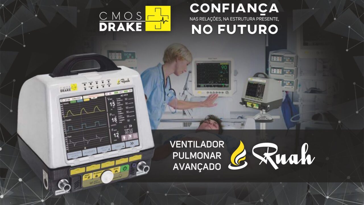 Ventilador Pulmonar Avançado Ruah CMOS Drake com tela de curvas ventilatórias em ambiente de terapia intensiva