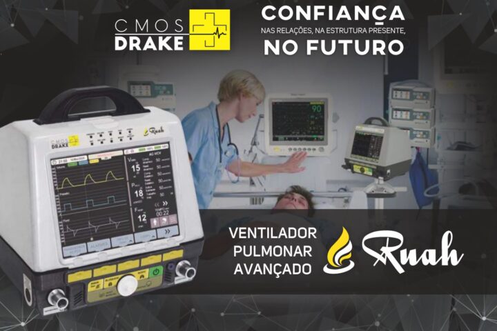Ventilador Pulmonar Avançado Ruah CMOS Drake com tela de curvas ventilatórias em ambiente de terapia intensiva