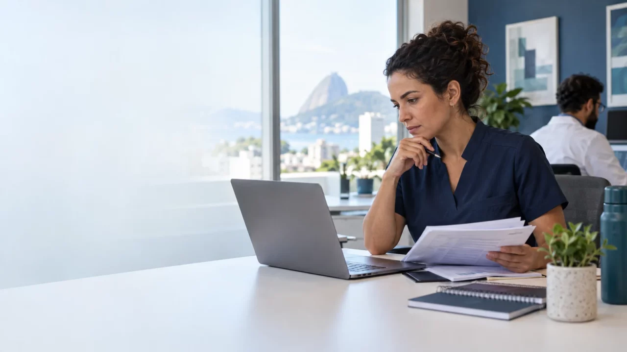 Profissional de saúde revisa informações em computador e documentos, representando inteligência artificial com supervisão humana