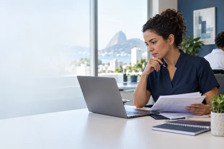 Profissional de saúde revisa informações em computador e documentos, representando inteligência artificial com supervisão humana