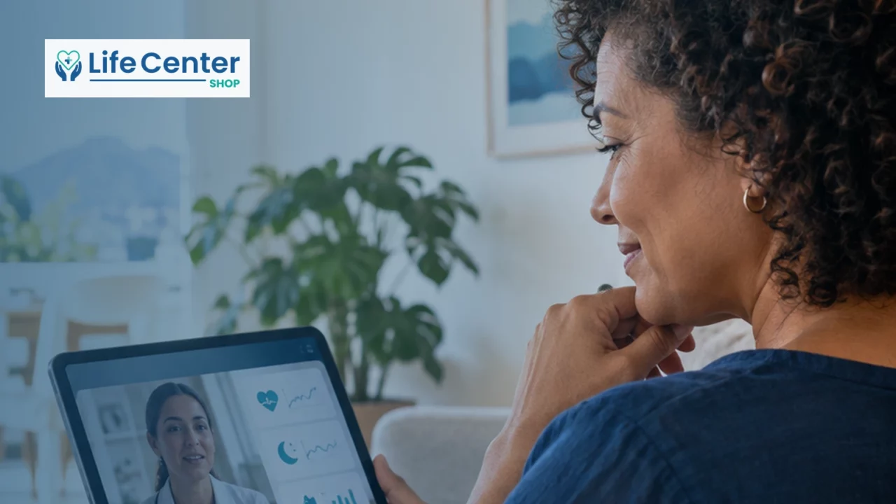 Pessoa usa um tablet em casa durante uma interação digital de saúde, representando dados, interoperabilidade e continuidade do cuidado